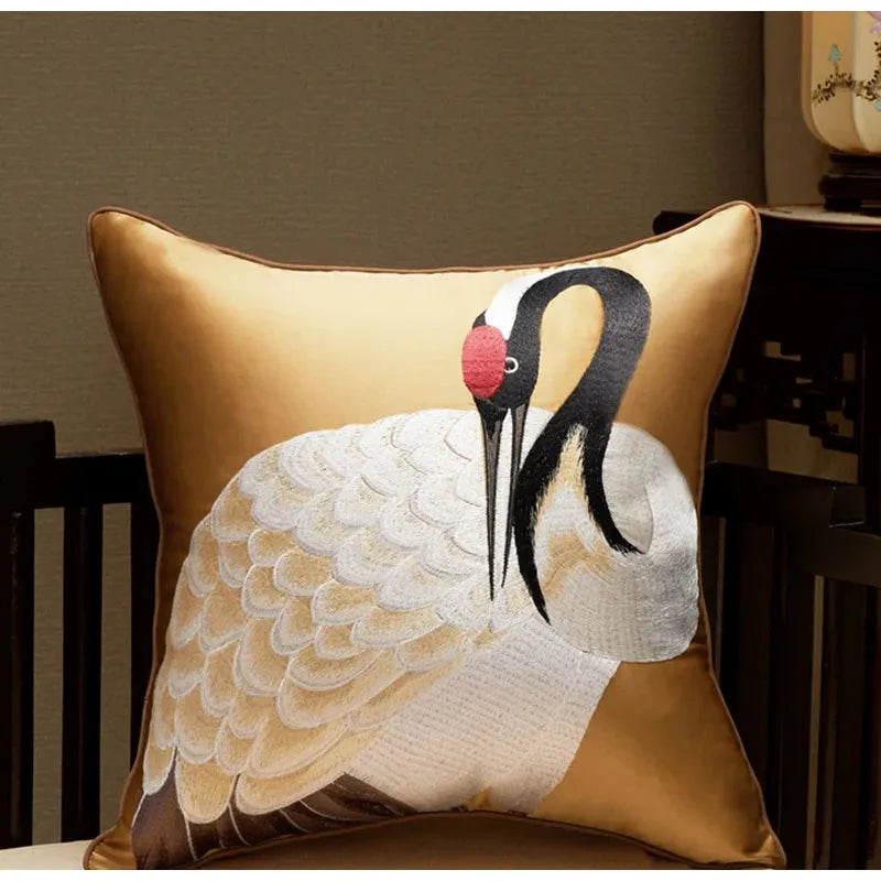 Oriental Crane Embroidered Satin Throw Pillow Cover B