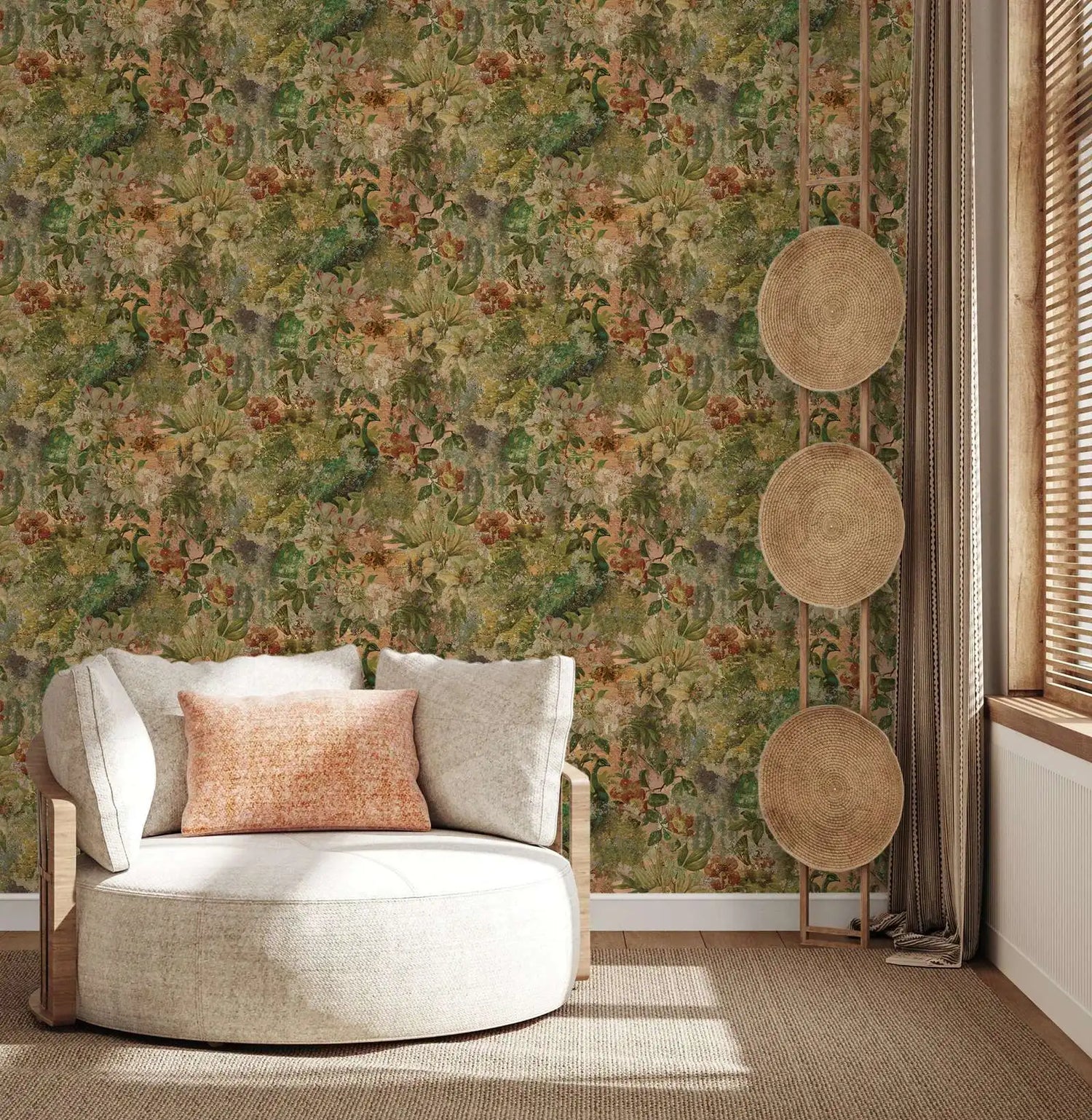 Modern white sofa against a floral wallpaper wall with decorative elements.