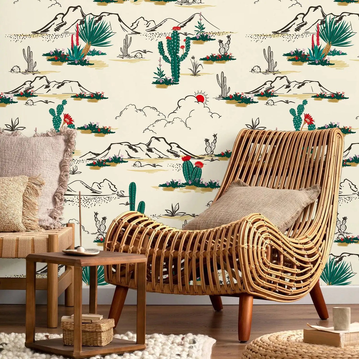 Wicker chair in a room with desert-themed wallpaper