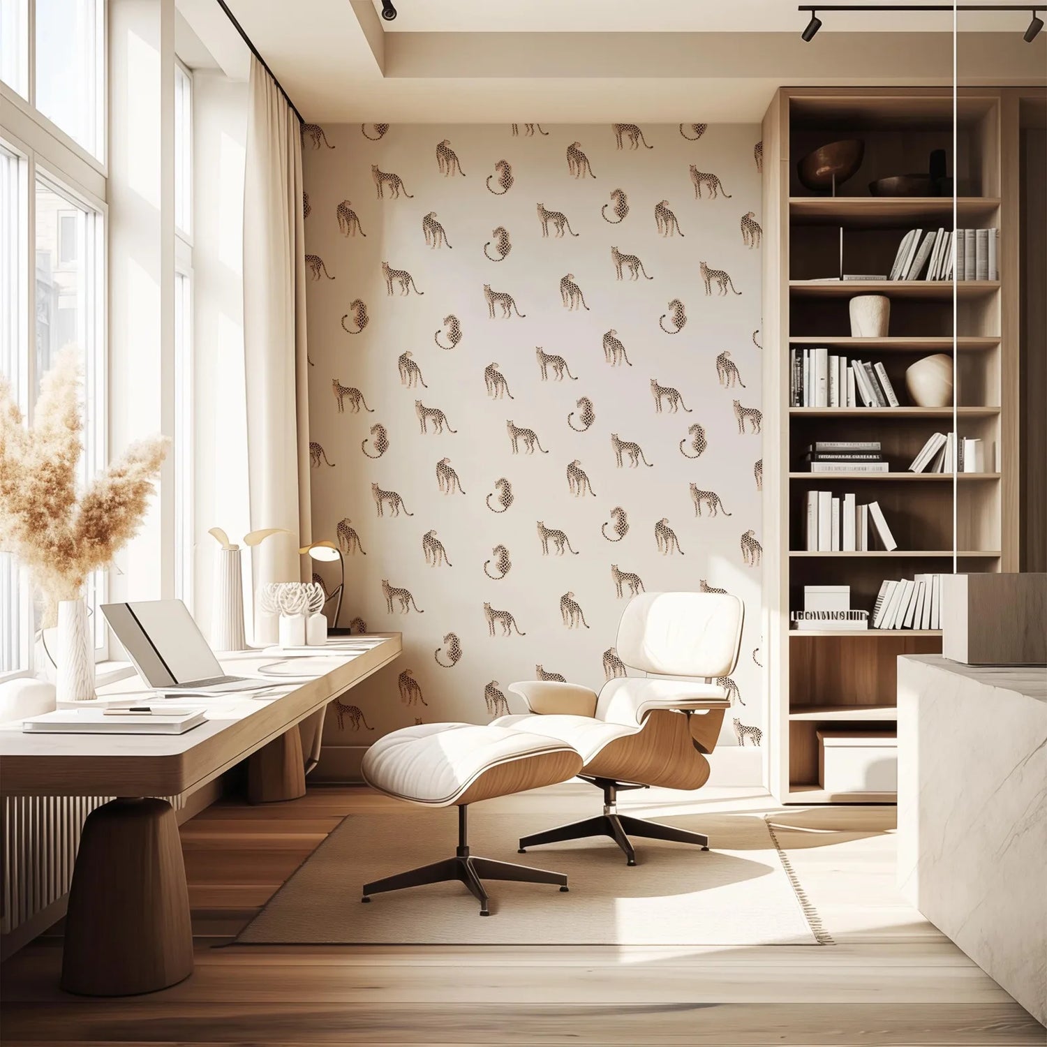 Modern home office with a desk, chair, and bookshelf.