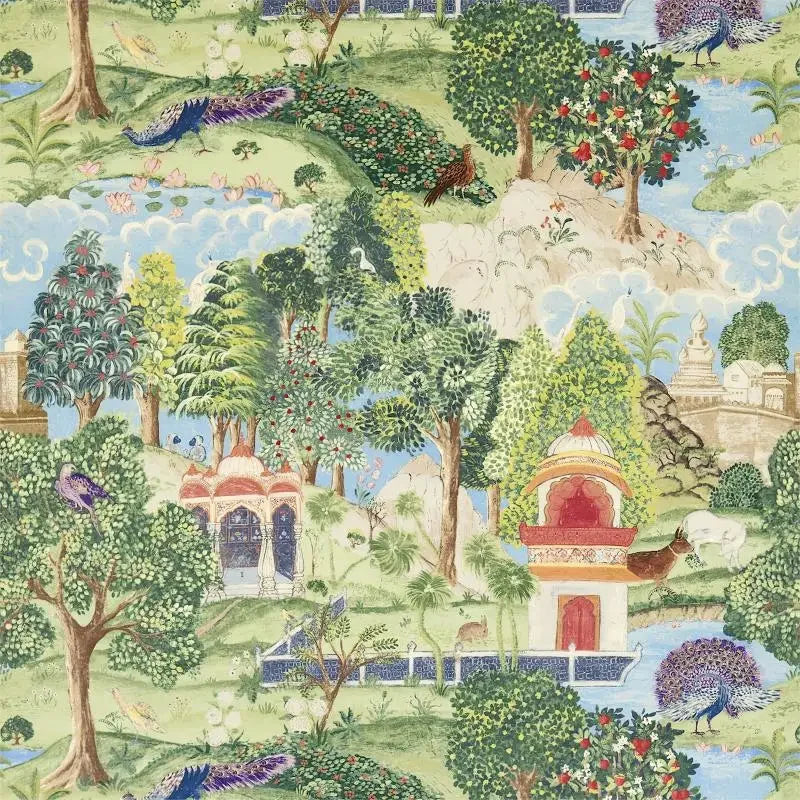 Colorful tapestry with a garden scene featuring buildings, trees, and animals.