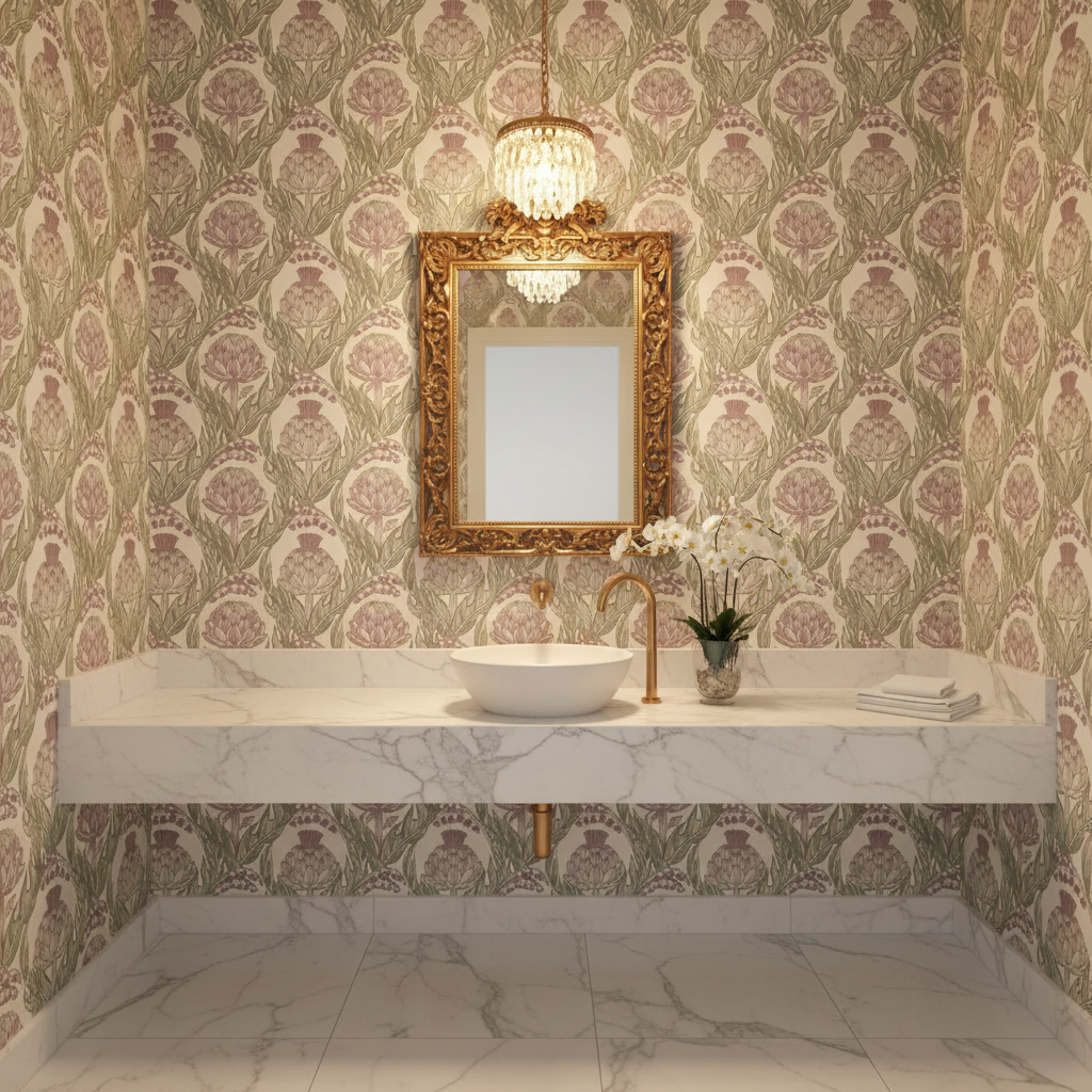 Bathroom with ornate mirror, sink, and decorative wallpaper