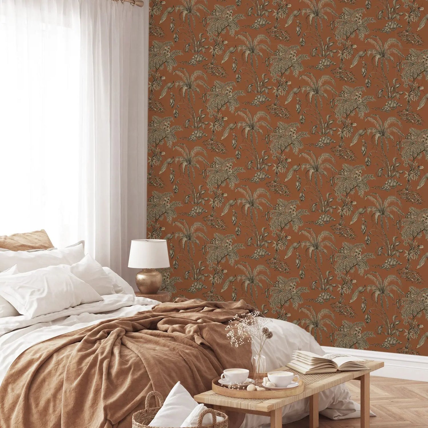 Bedroom with floral wallpaper, bed, and decor items.