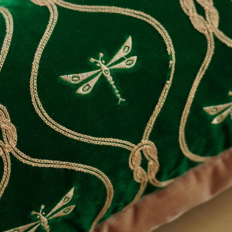 Green Dragonfly Embroidered Throw Pillow Cover