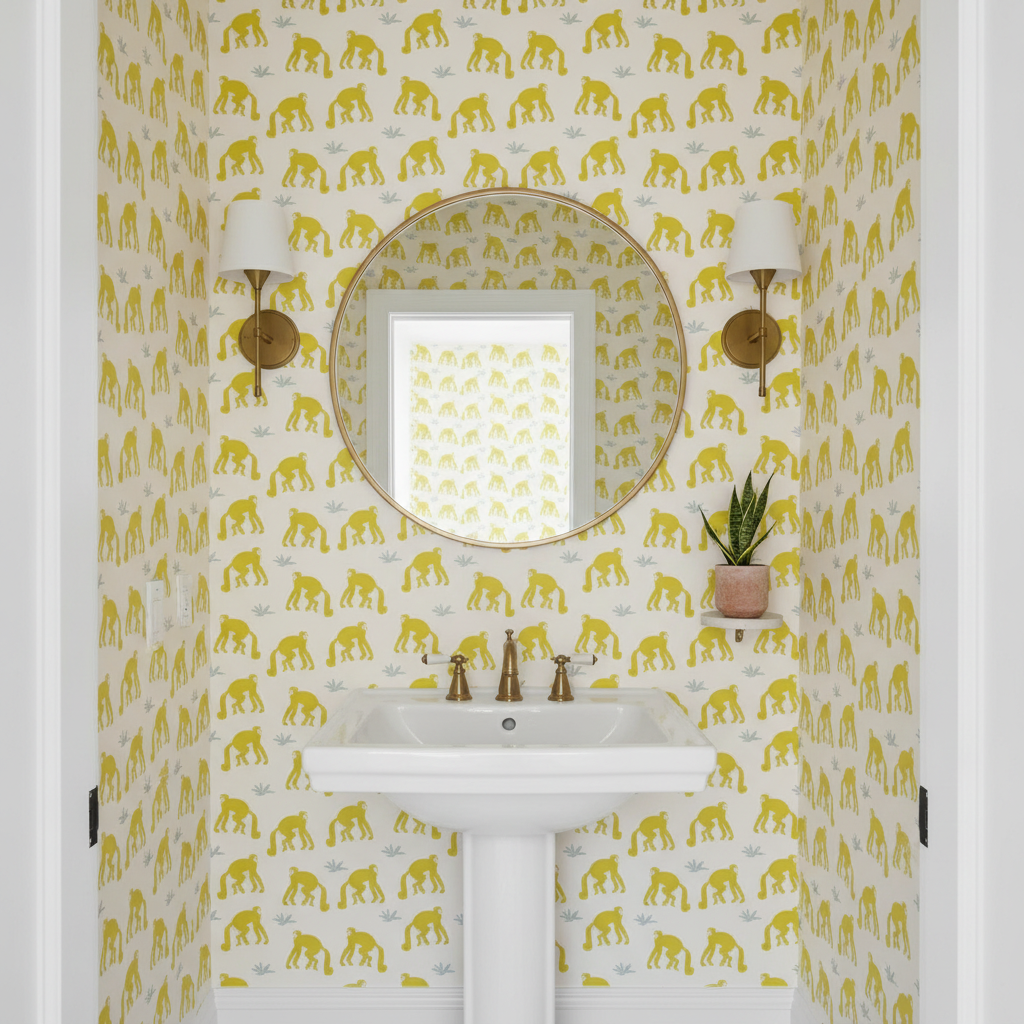Bathroom with yellow elephant patterned wallpaper, sink, and mirror.