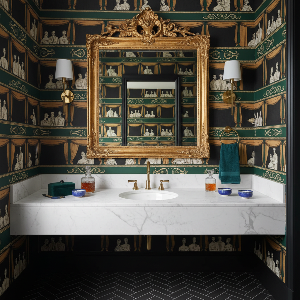 Luxurious bathroom with ornate gold mirror, marble sink, and decorative wallpaper.