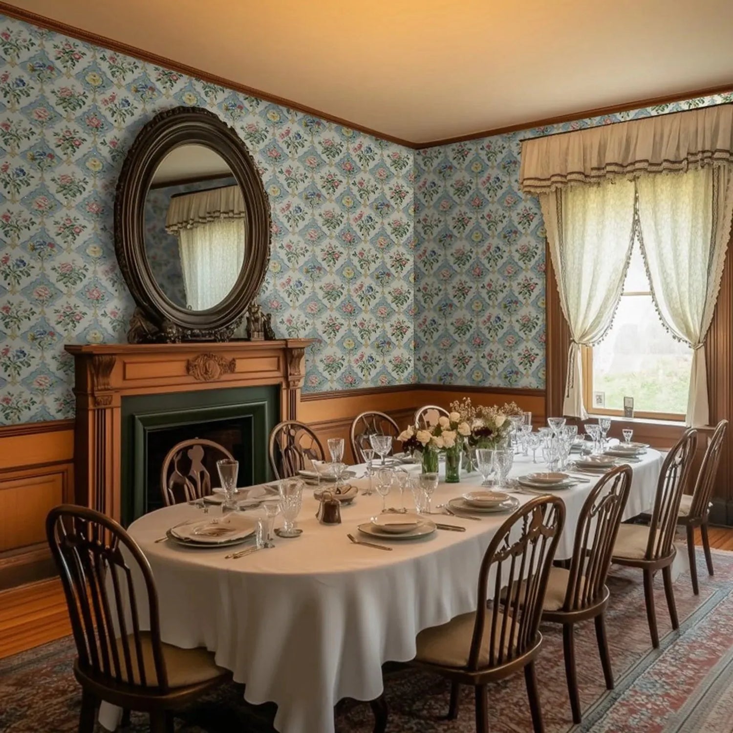 Dining room with floral wallpaper, wooden furniture, and a round table set for dinner.