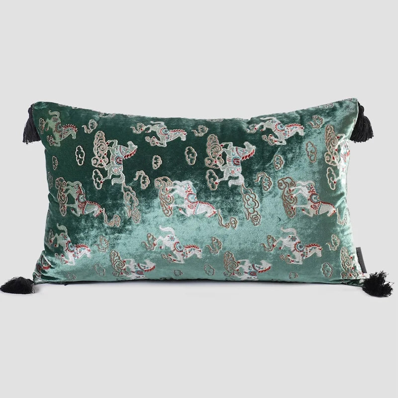 Royal Charger Velvet Chinoiserie Horse Throw Pillow Cover