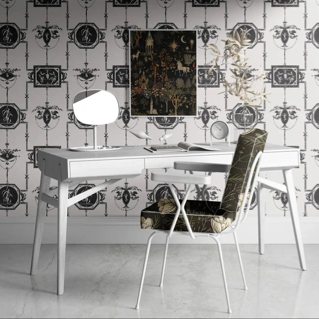 Modern office desk with chair against decorative wallpaper