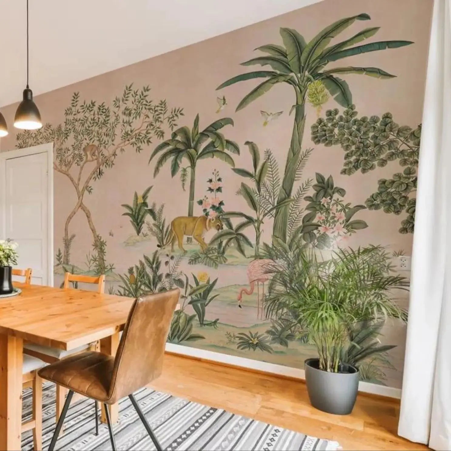 Dining room with a wall featuring a tropical mural of palm trees and animals.