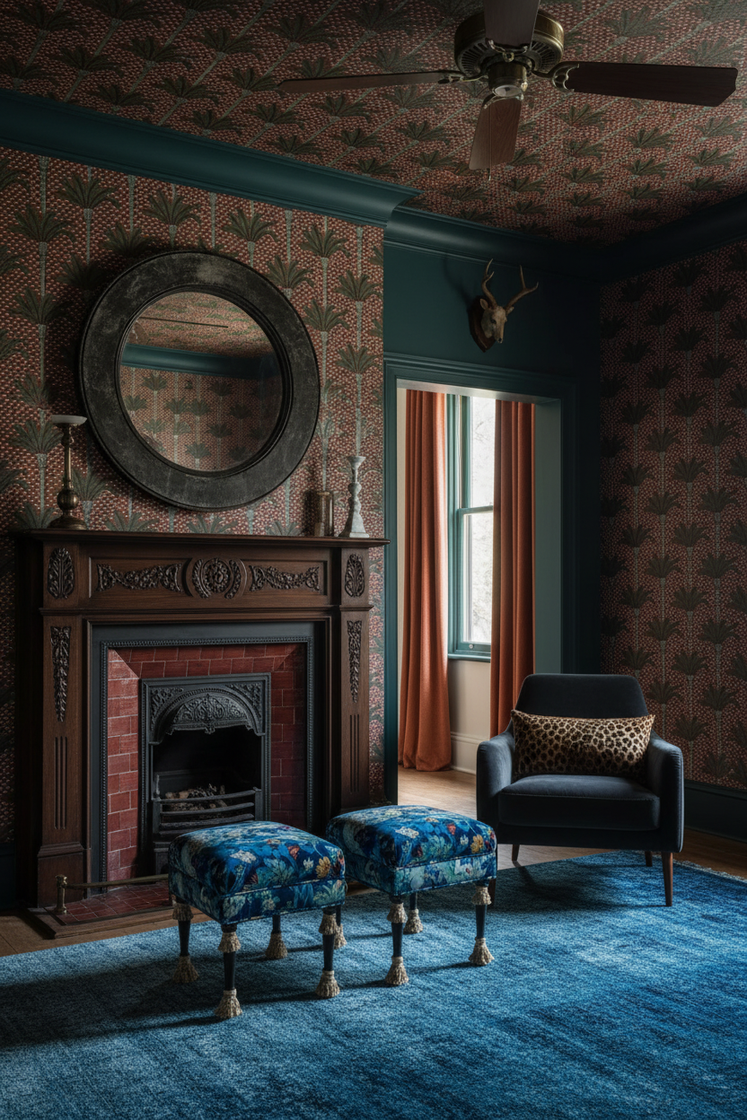 Living room with ornate fireplace, patterned wallpaper, and blue rug.