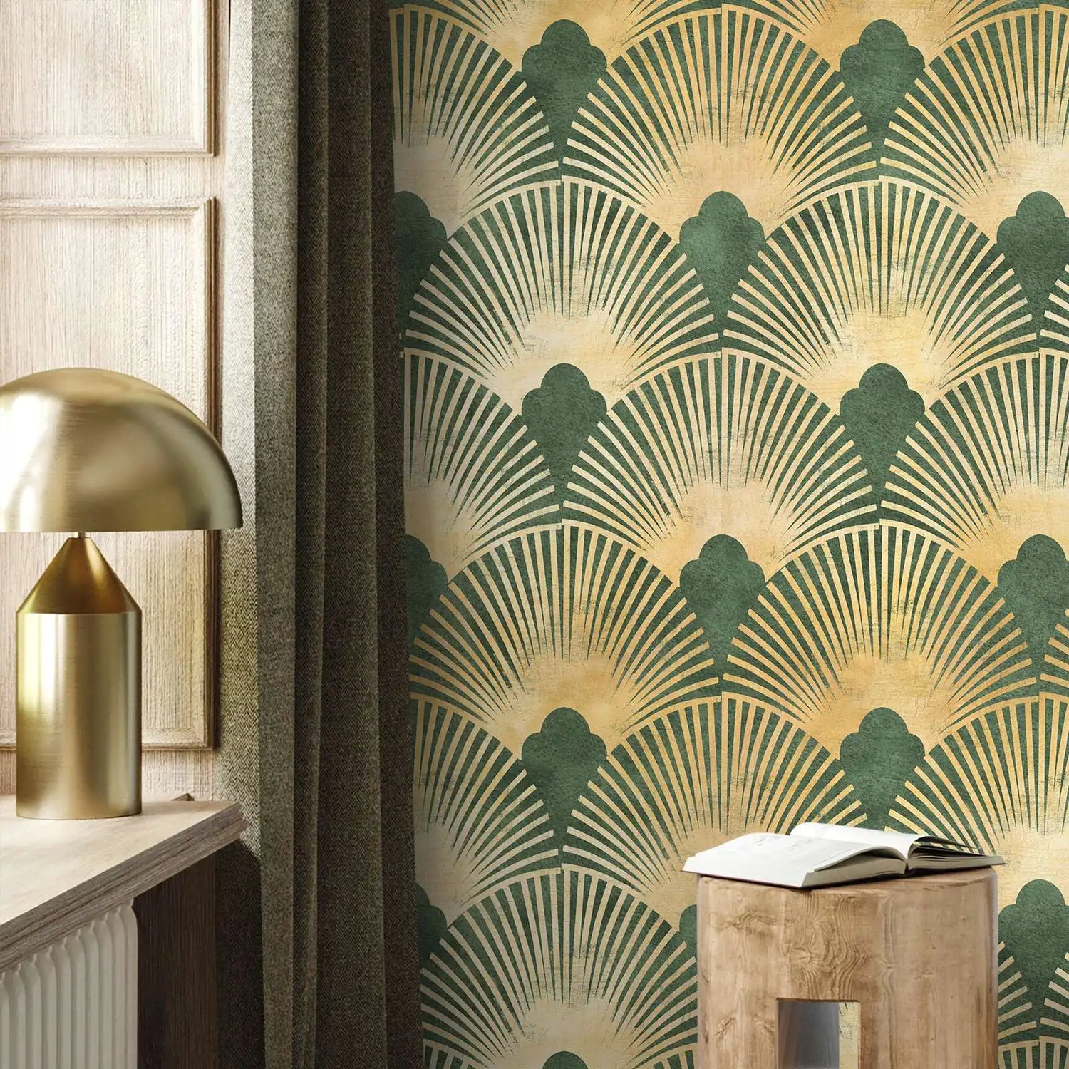 Decorative wallpaper with geometric pattern in a room setting with a gold lamp and wooden stool.
