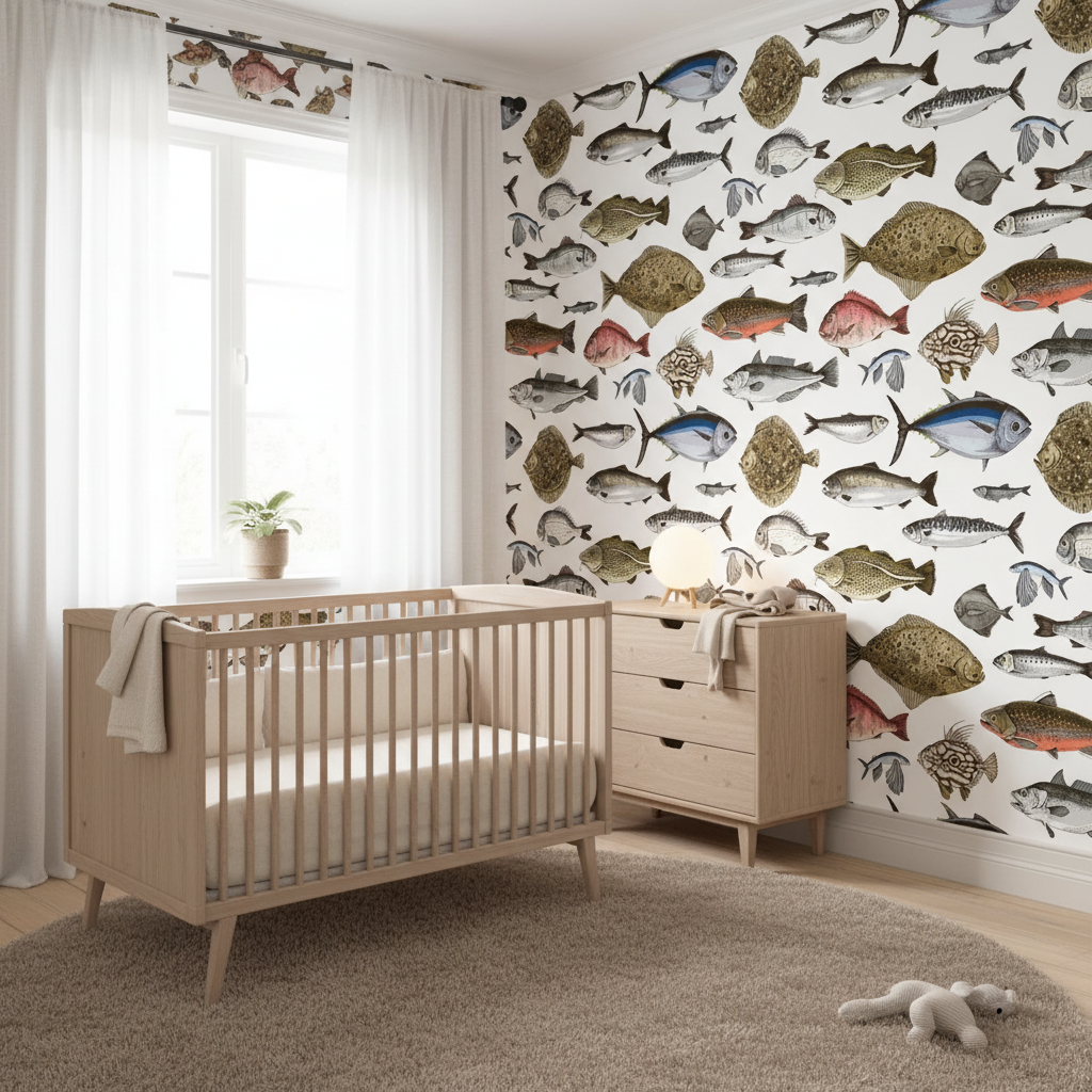Nursery room with wooden crib and dresser against a wall with fish-themed wallpaper.