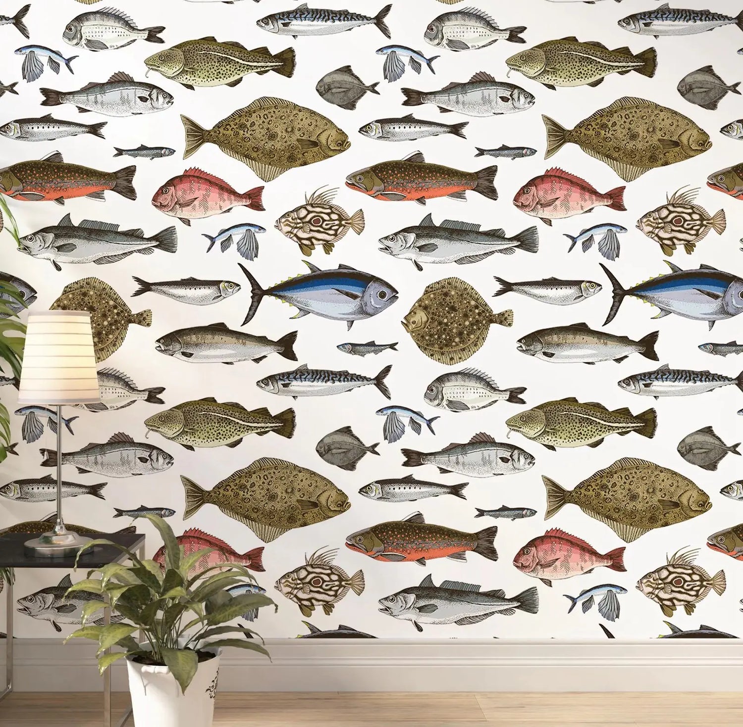 Wallpaper with a pattern of various fish on a white background.