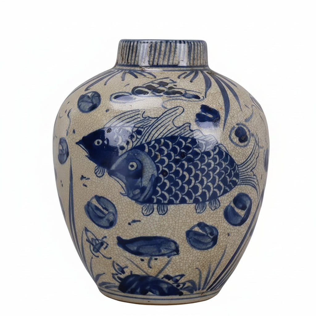 Yuan Blue & White Fish & Lotus Porcelain Jar — Antique Reproduction