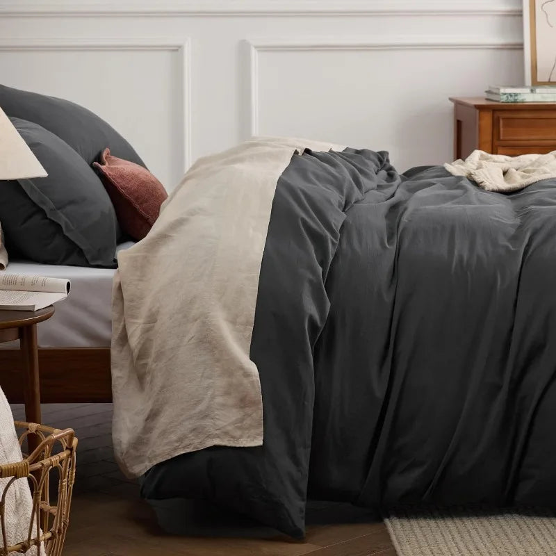 100% Washed Cotton Duvet Cover Set - Charcoal