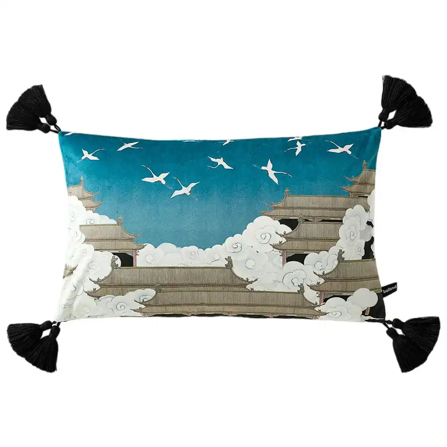 Luxury Chinoiserie throw pillow featuring a temple motif with clouds and cranes, perfect for adding elegance to any decor.