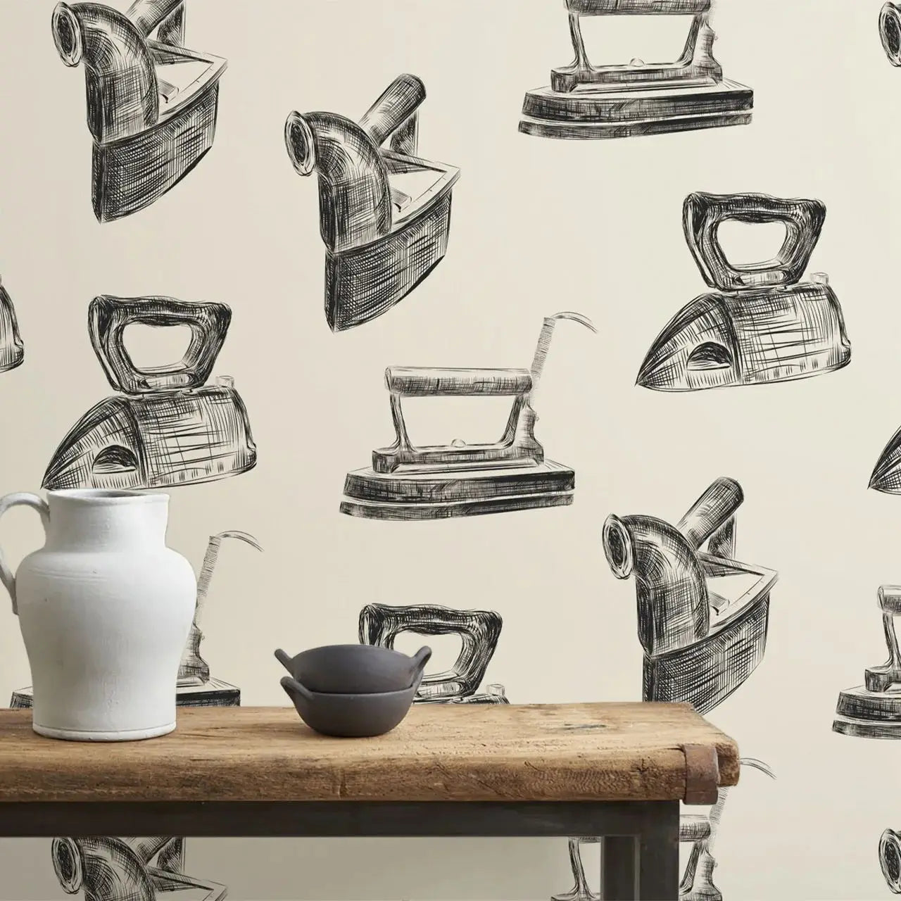 Wallpaper with vintage iron designs on a neutral background