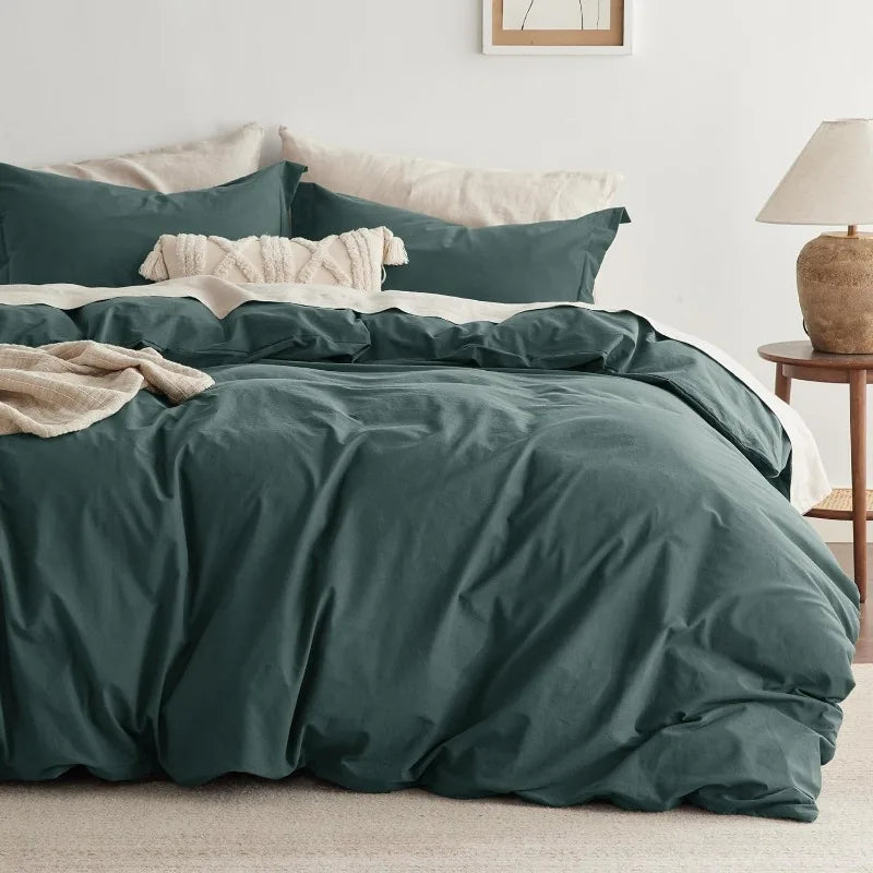 100% Washed Cotton Duvet Cover Set -  Forest Green