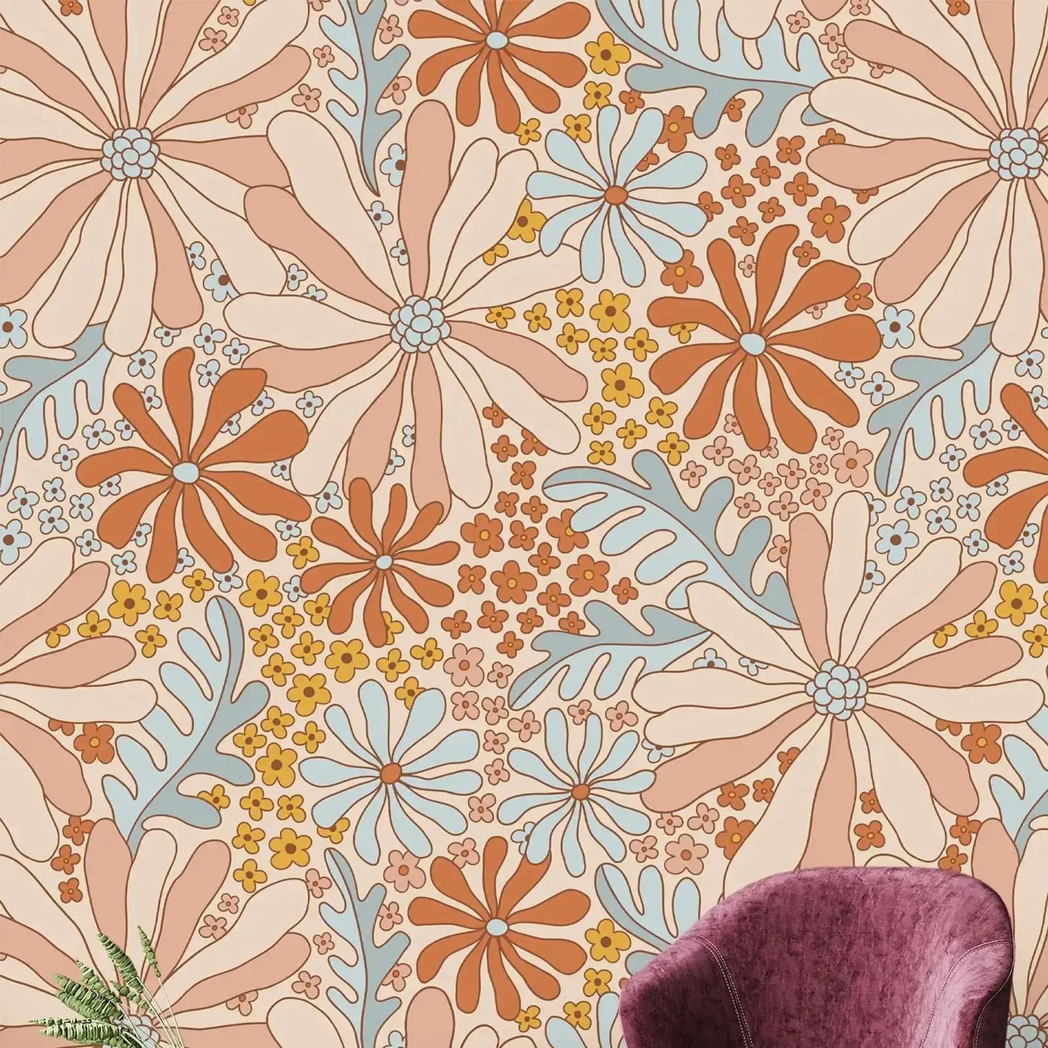Patterned wallpaper with flowers and leaves in pastel colors.