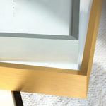 Close-up of a wooden picture frame with 'Aluminum Alloy frame' text on a white background.