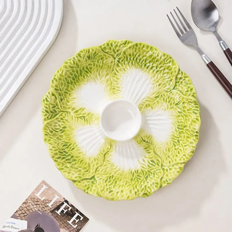 Cabbage Leaf Ceramic Serving Dish with Dip Bowl