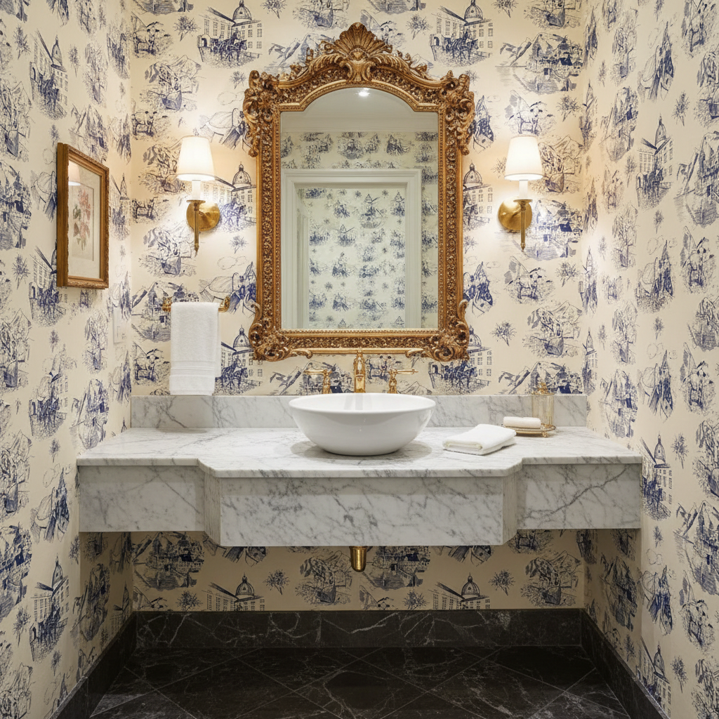 Bathroom with marble sink, gold-framed mirror, and decorative wallpaper