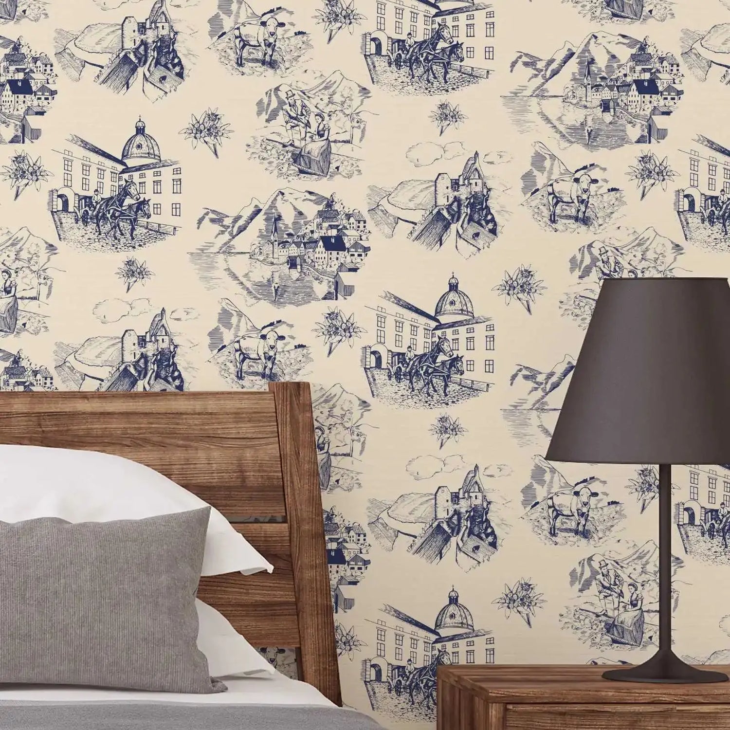 Bedroom with decorative wallpaper featuring vintage illustrations, wooden headboard, and lamp.