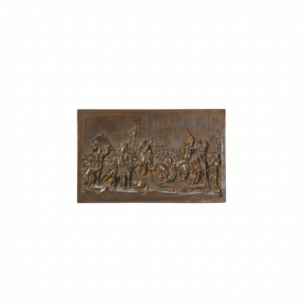 Bronze relief sculpture of a historical scene with people and horses on a white background
