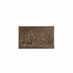 Bronze relief sculpture of a historical scene with people and horses on a white background