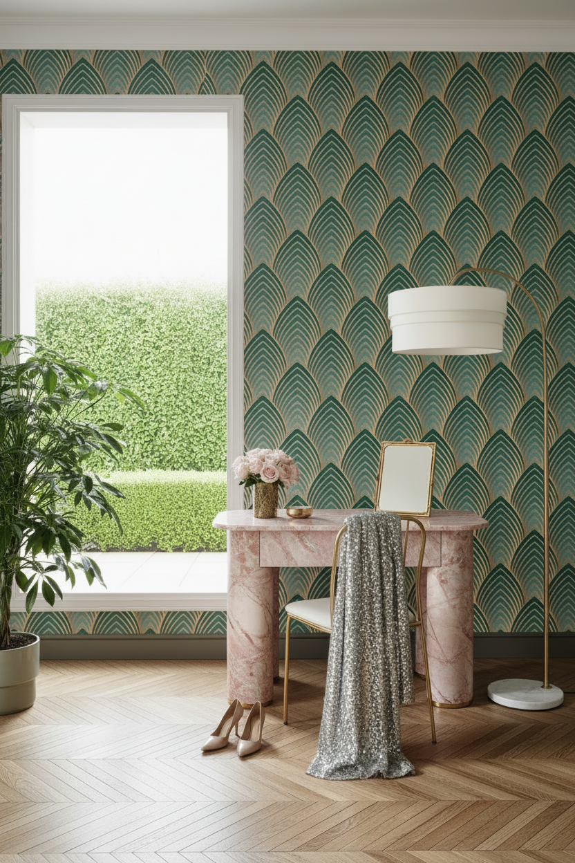 Modern interior with green patterned wallpaper, marble desk, and plant.