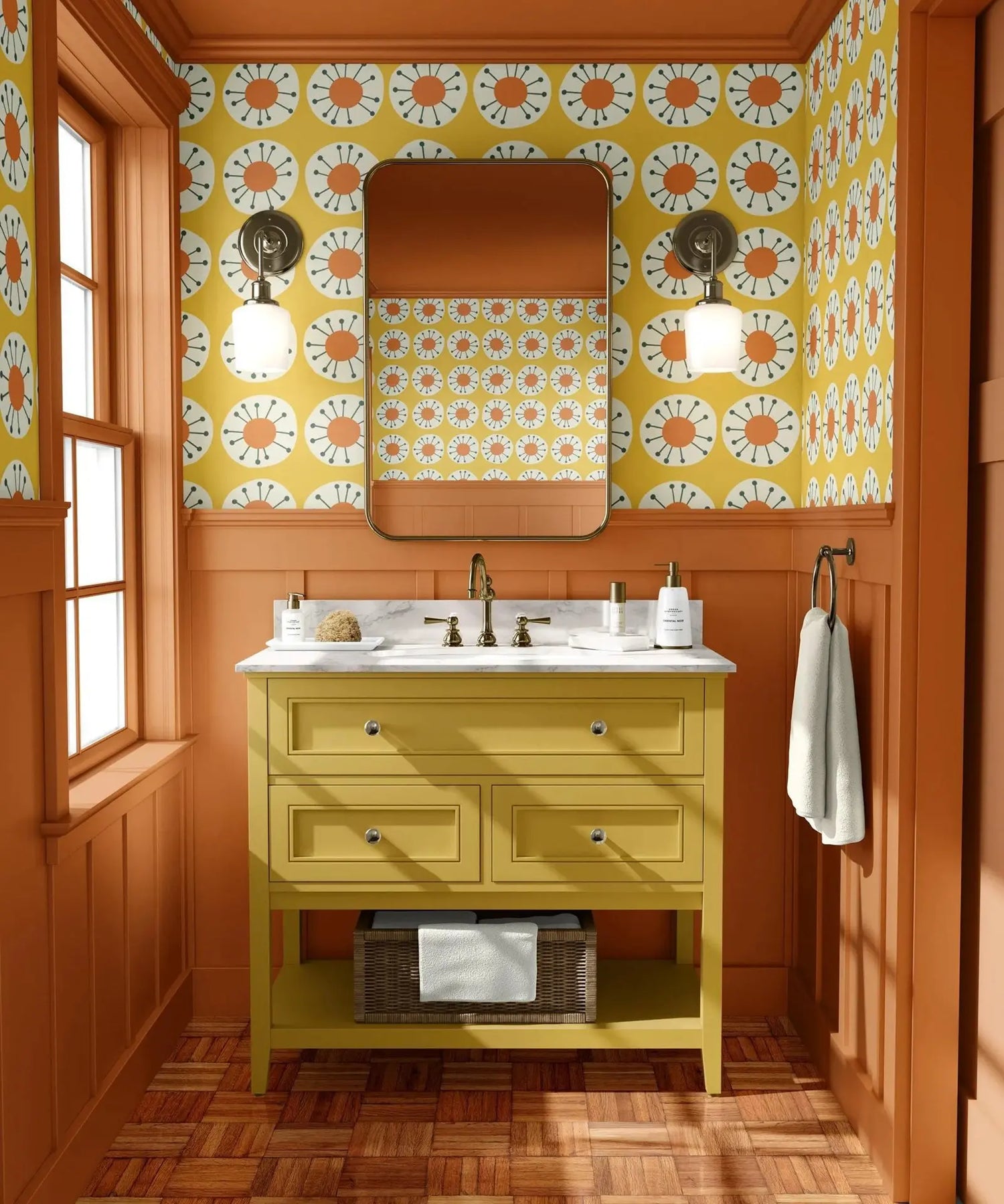 Bathroom with yellow vanity, floral wallpaper, and wooden floor.