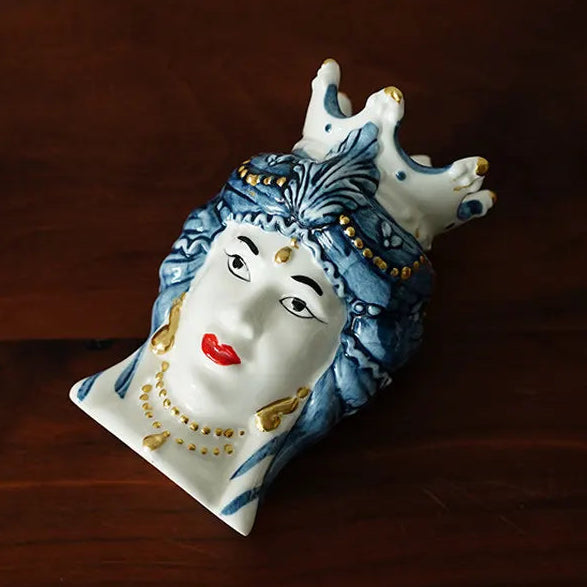 Sicilian Lady Blue & White Hand-Painted Ceramic Head Vase