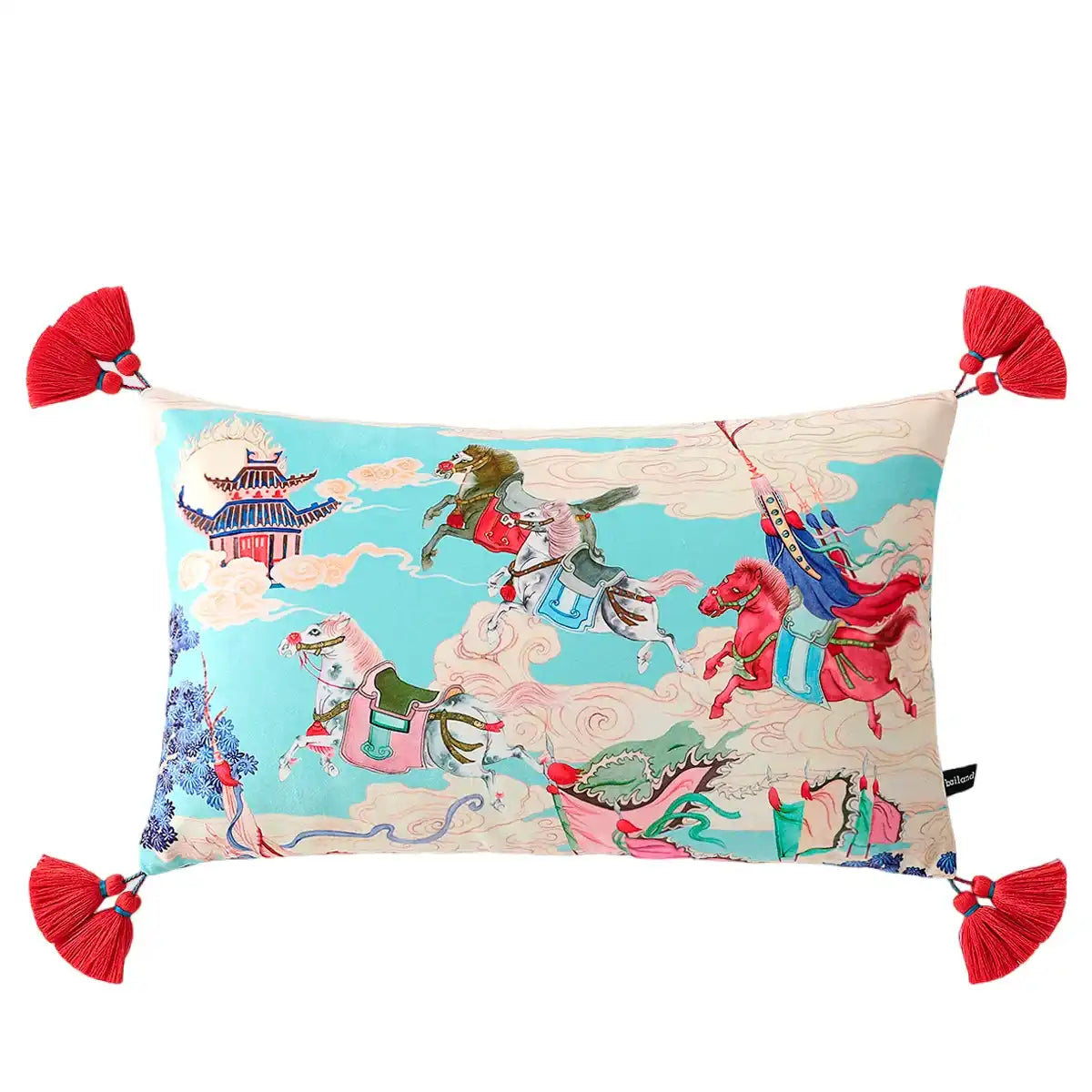 Classic Chinese flower jar throw pillow with vibrant horse and cloud pattern, featuring red tassels on each corner.