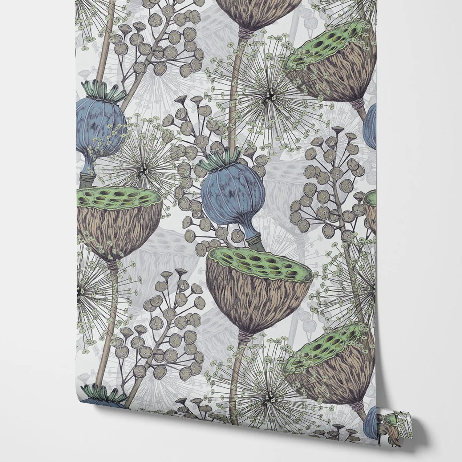 Patterned fabric with botanical design featuring seed pods and plants on a light gray background