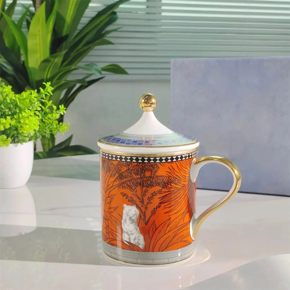 European Tiger Bone China Mug with Lid