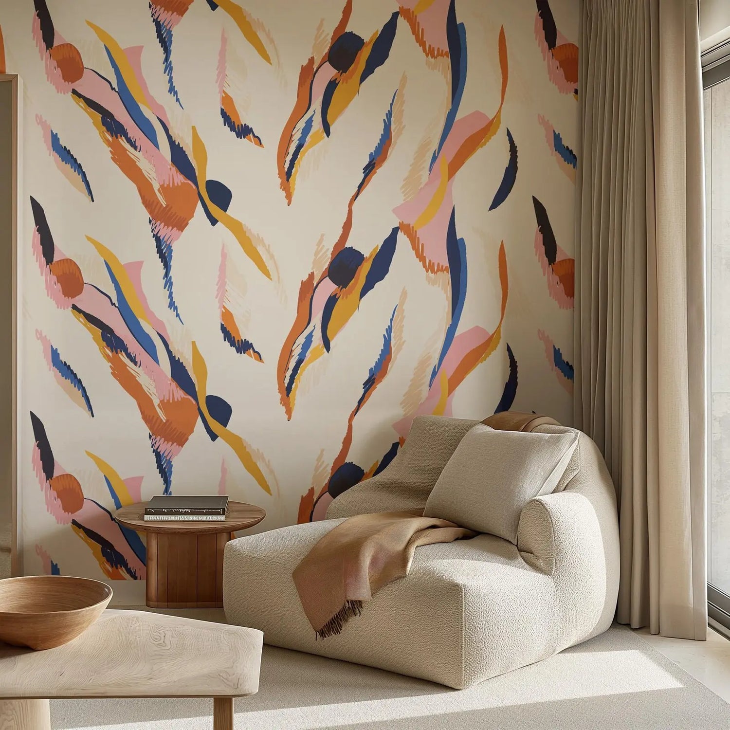 Modern living room with a colorful abstract wall mural and a beige armchair.