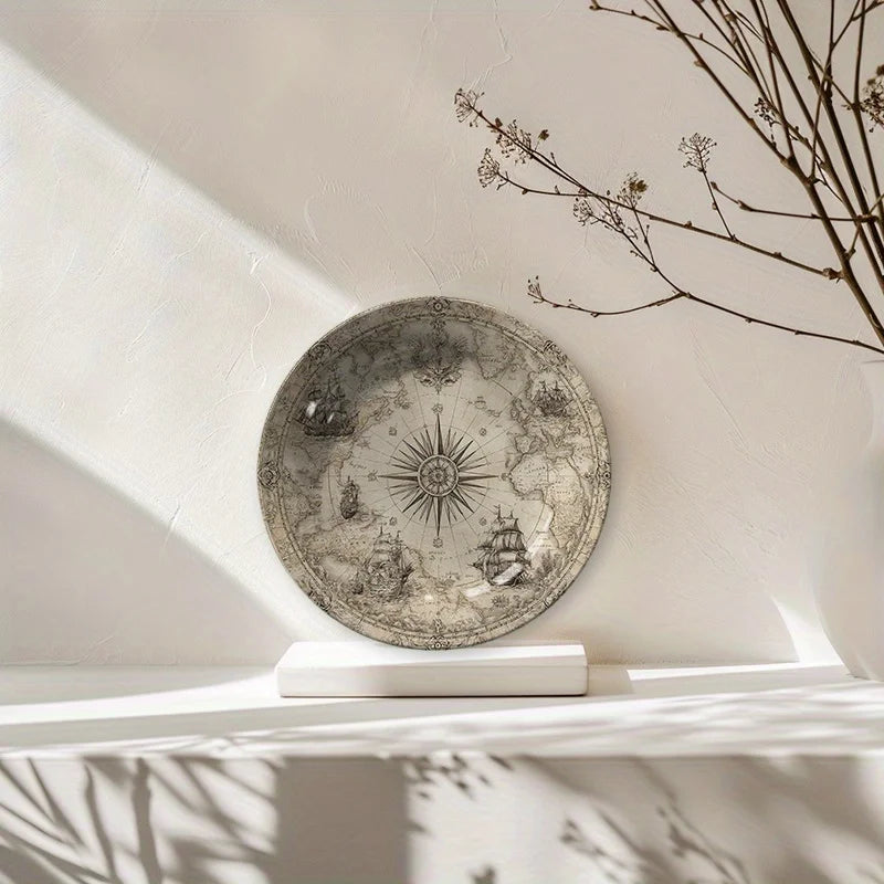 Nautical Map & Compass Rose Decorative Ceramic Plate