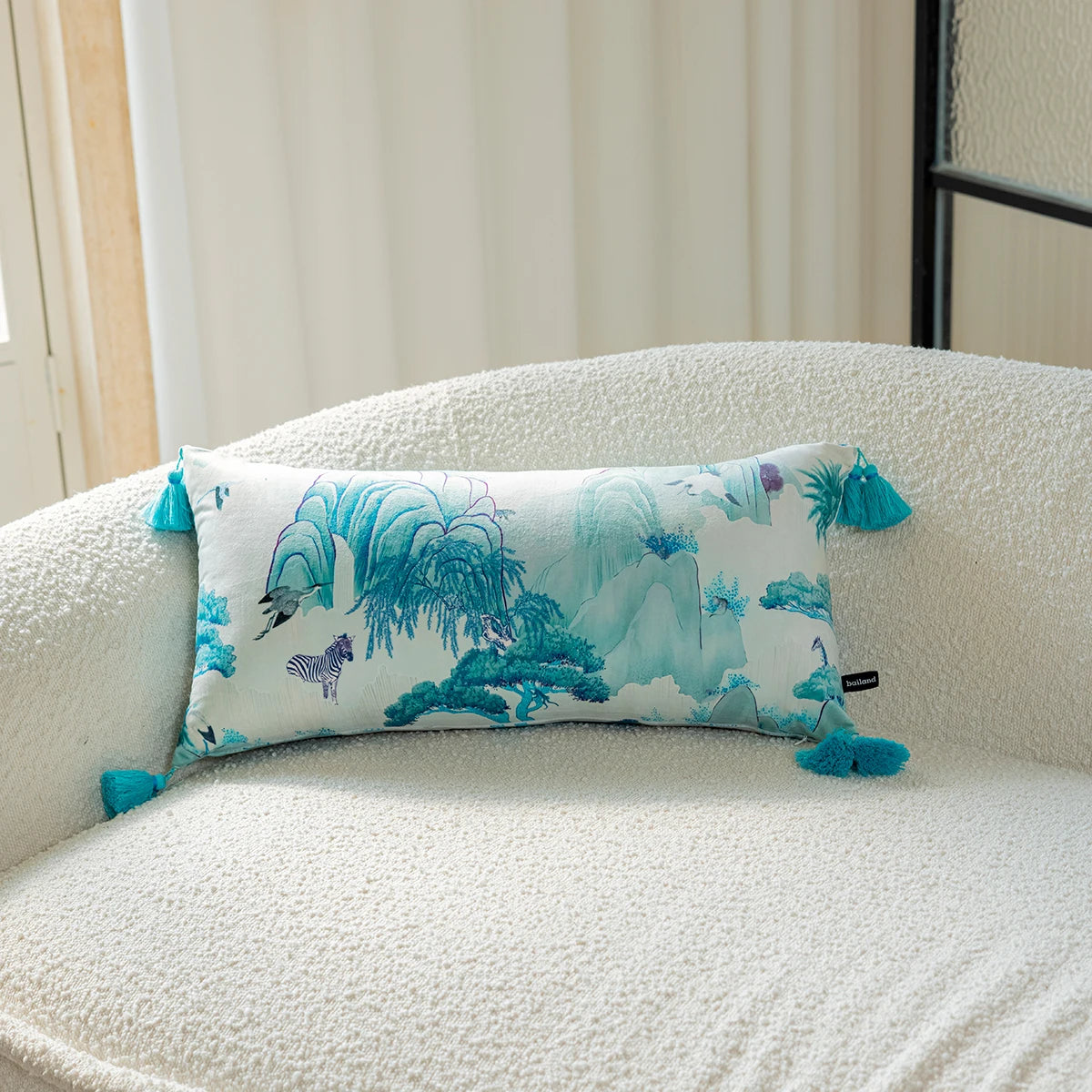 Chinoiserie Mountain and Crane Art Lumbar Pillowcase