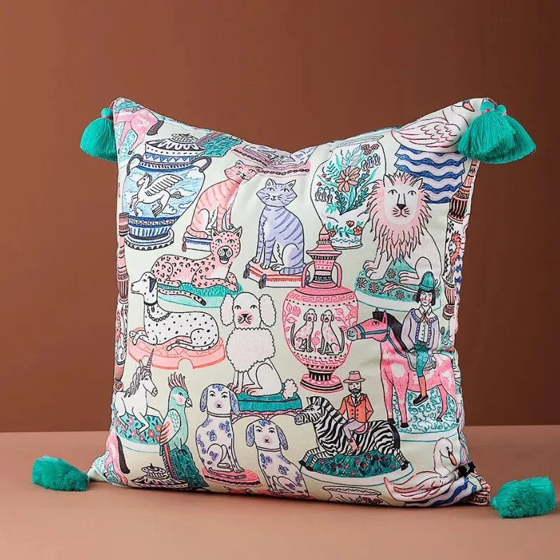 Hand-Drawn Chinoiserie Animal Inspired Pillow Cover with Tassels