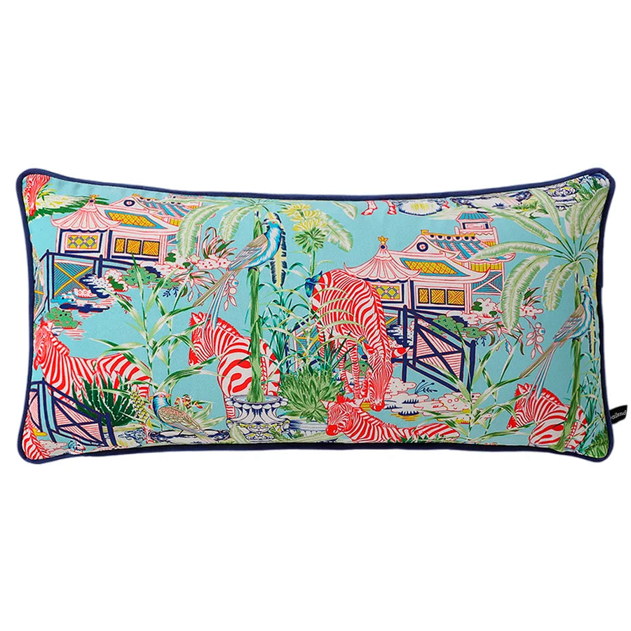 Aqua Chinoiserie Palace with Zebras and Birds Pillowcase