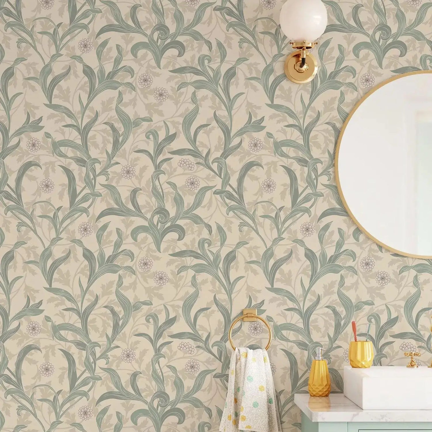 Wallpaper with leaf pattern in a bathroom setting