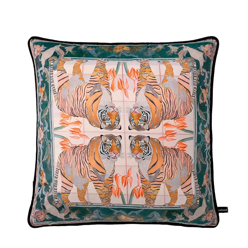 A close-up image of a velvet throw pillow cover featuring a zebra fantasy design. The design includes vibrant colors and intricate details, creating a whimsical and luxurious appearance. The pillow cover adds a touch of elegance and charm to any living space.