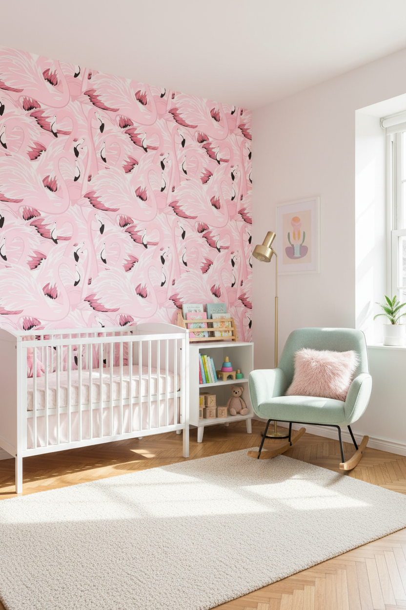 Nursery room with pink flamingo wallpaper, white crib, and rocking chair.