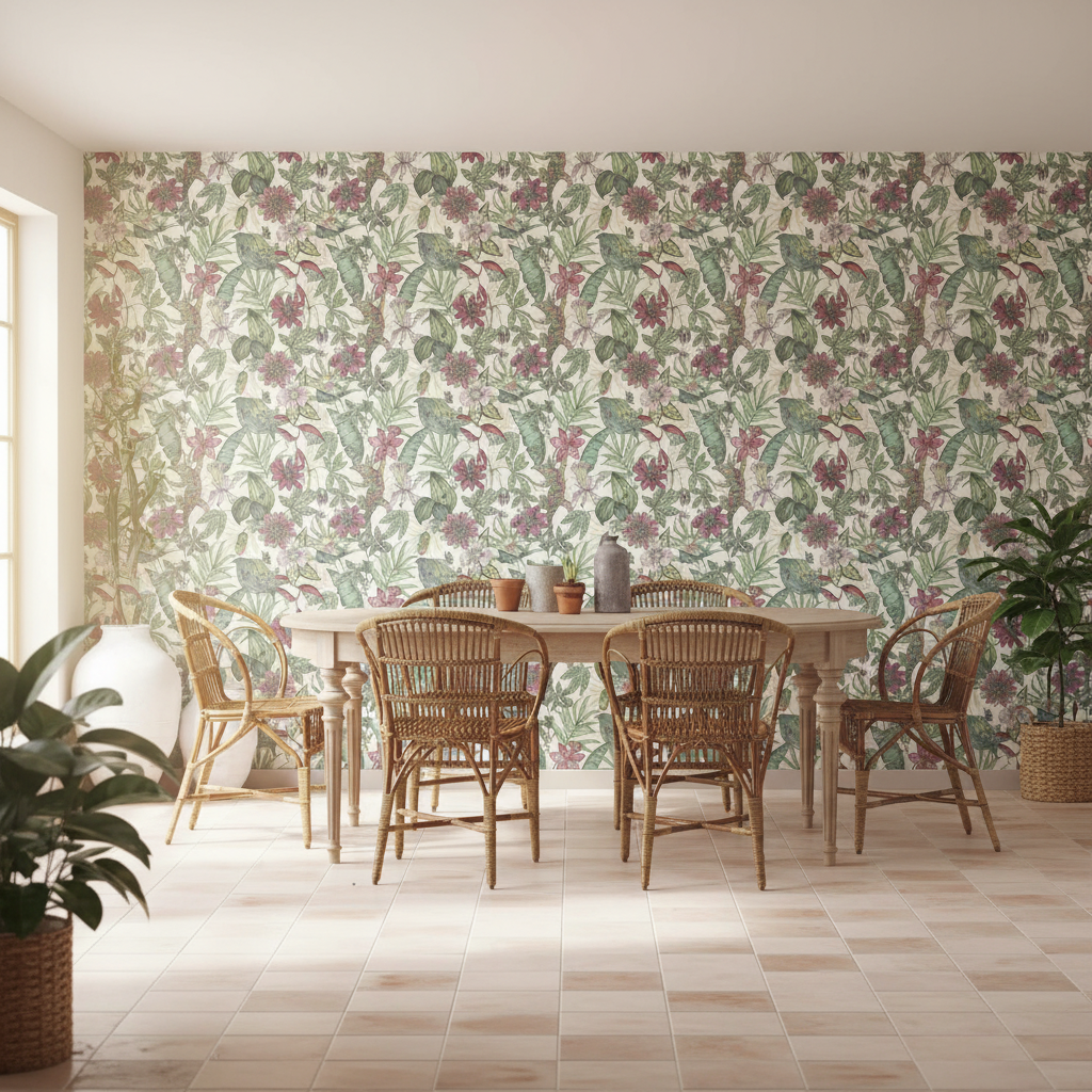 Dining room with floral wallpaper, wooden table, and chairs.