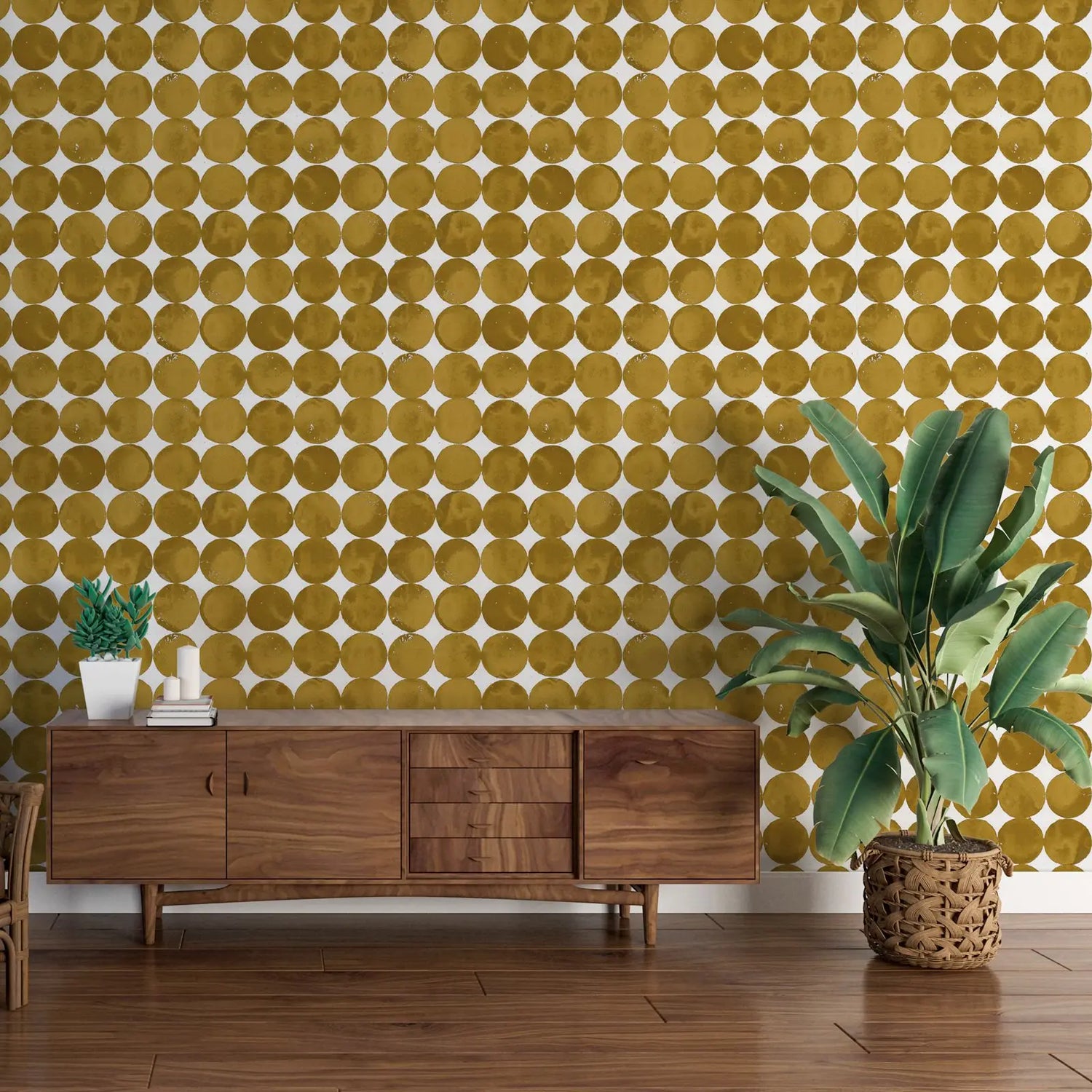Wooden sideboard against a patterned wall with plants on a wooden floor