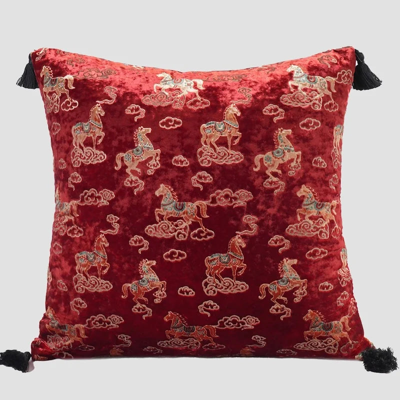 Dynasty Steed Velvet Chinoiserie Horse Throw Pillow Cover