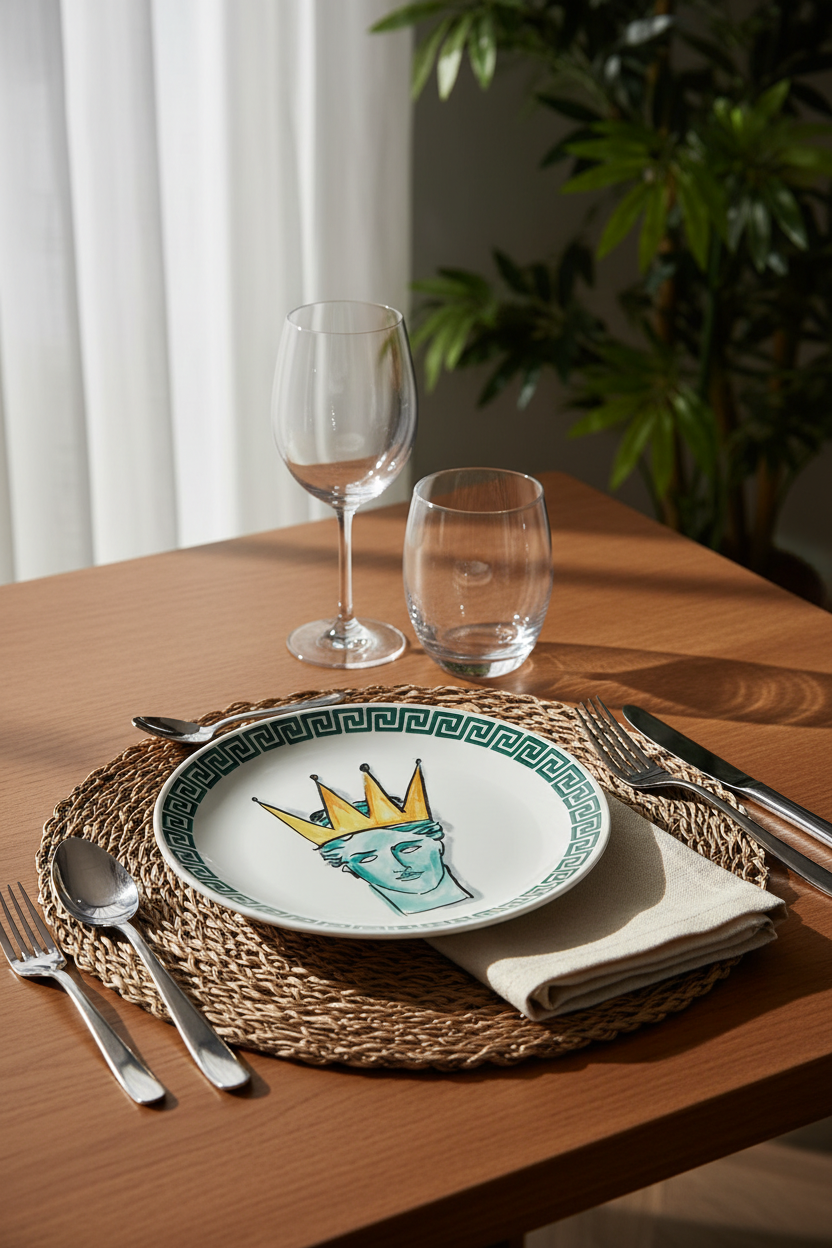 A styled dining table setting featuring a white ceramic plate with a green Greek key border and a green Statue of Liberty illustration wearing a gold crown. The plate is layered on a woven round placemat with a folded cream napkin, alongside silver flatware, a wine glass, and a clear drinking glass on a wooden table with a plant in the background.