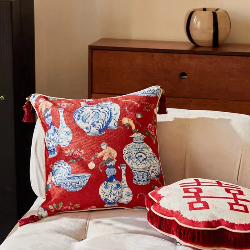 Red Chinoiserie Inspired Pillow Cover with Tassels