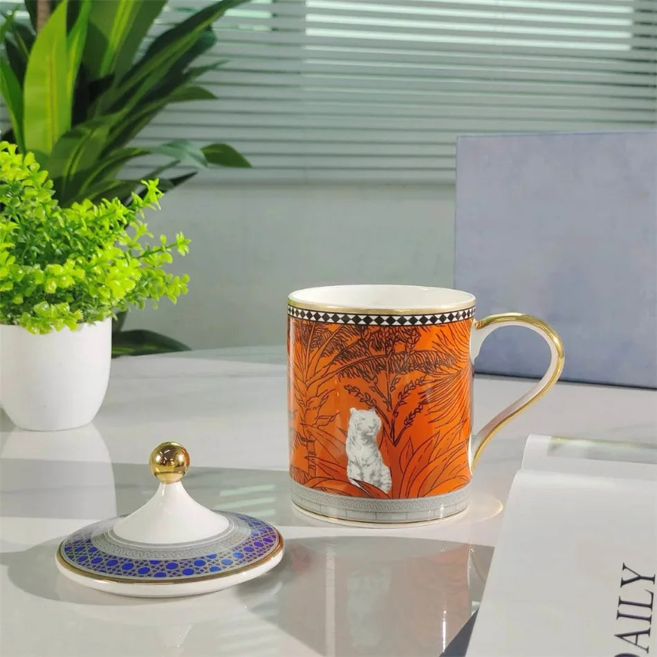European Tiger Bone China Mug with Lid